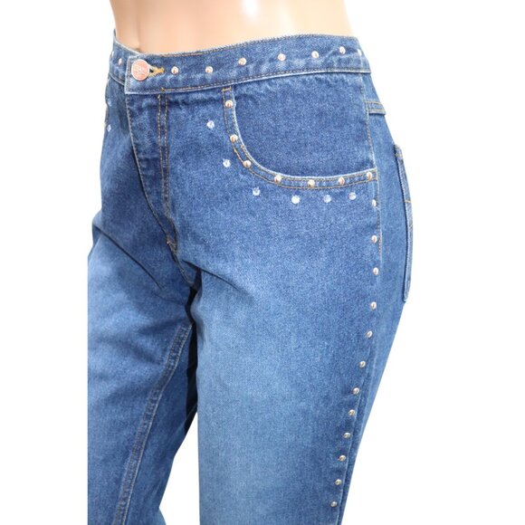 DESIGNER style High Waist Studded Rhinestone Denim Jeans Bootleg 30 - Picture 7 of 9